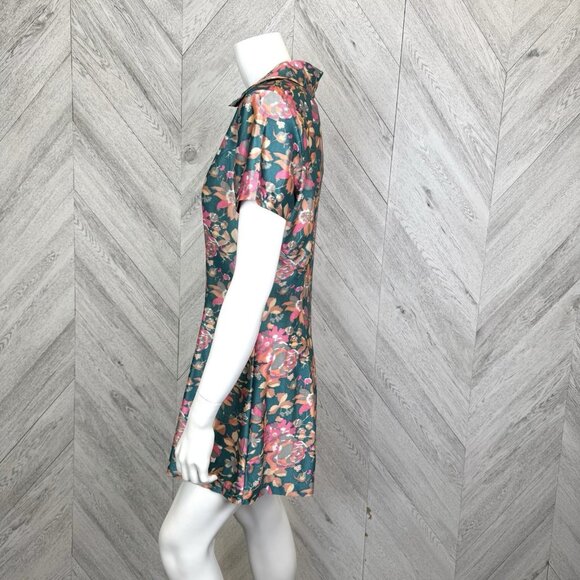 Vintage 70s Dress Womens S/M Floral Mini Short Sleeve V-Neck Collar Retro - Picture 3 of 5
